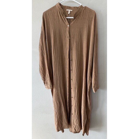 Eileen Fisher Dresses & Skirts - Eileen Fisher Women’s Dress Button Up Brown Orange Plaid Long Sleeve Midi Slits